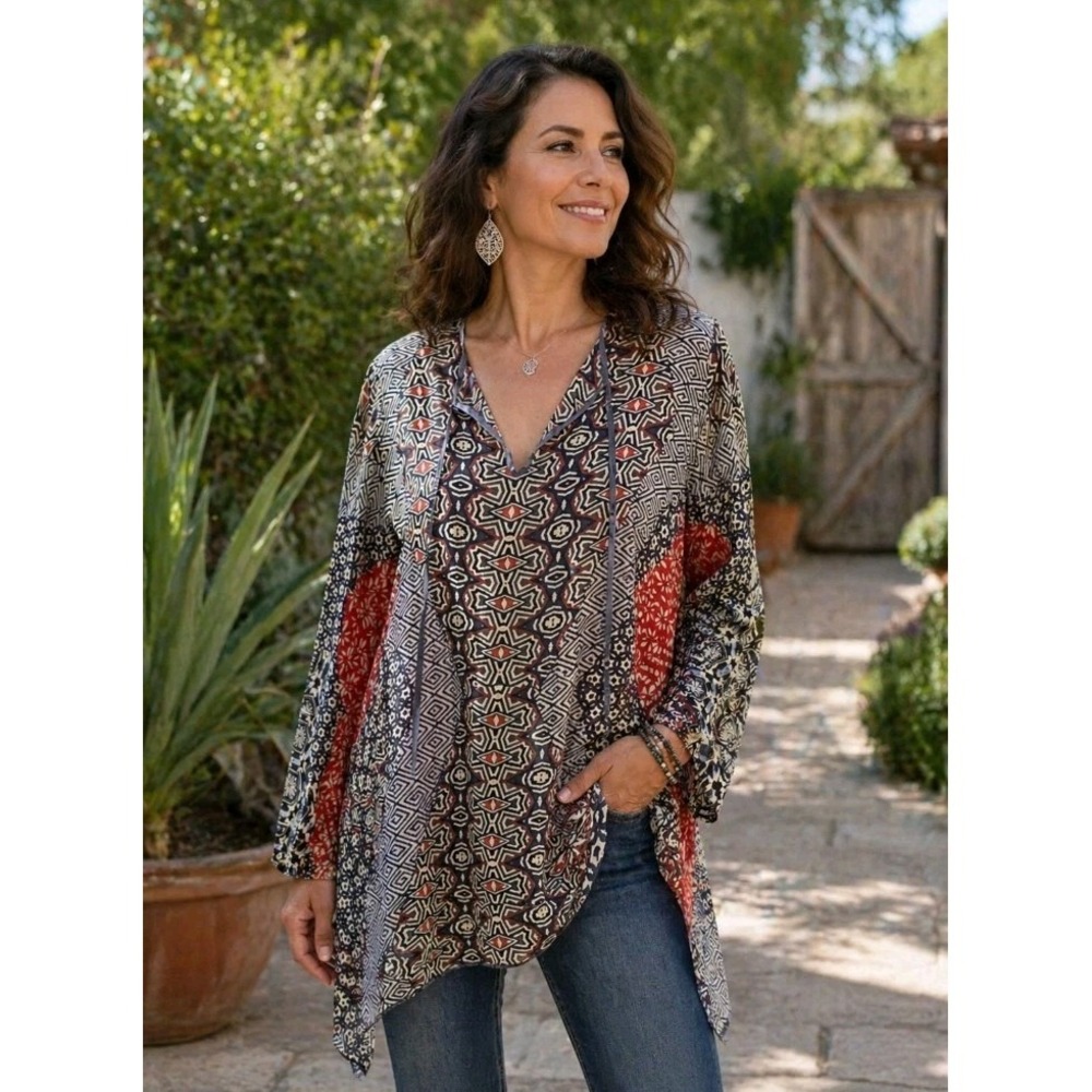Johnny Was Boho Tunic Top Mixed Print Oversized‎ Festival Flowy Blouse M